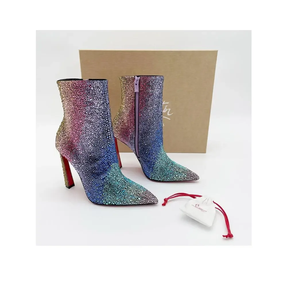 New Christian Louboutin Condora Strass Rainbow Crystal Heeled Ankle Boots EU 39